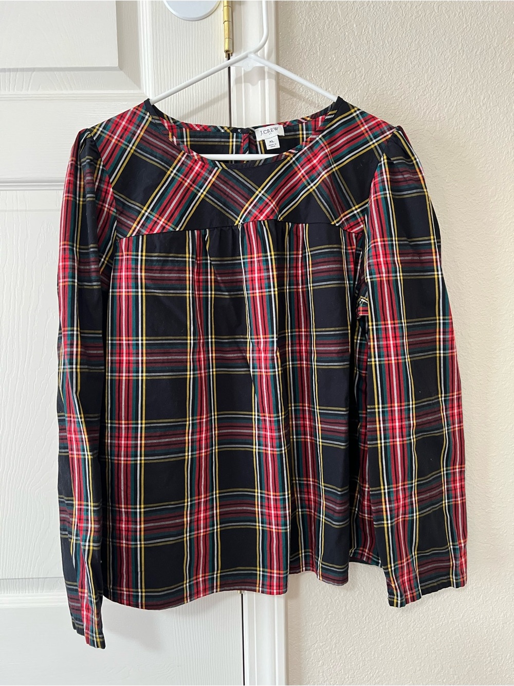 J.Crew Factory Black Red Tartan Plaid Poplin Blouse Long Puff Sleeve Top XL